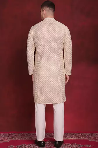 Men gold embroidered silk blend kurta pajama