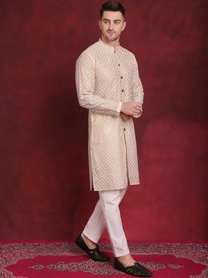 Men gold embroidered silk blend kurta pajama 5