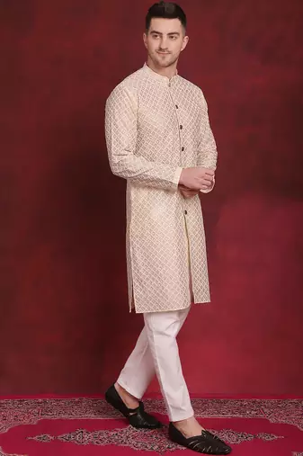 Men gold embroidered silk blend kurta pajama