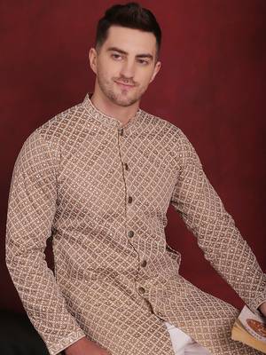 Men beige embroidered silk blend kurta pajama 1