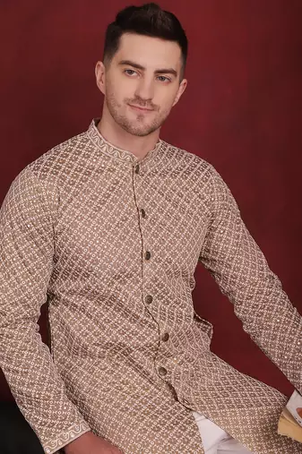 Men beige embroidered silk blend kurta pajama