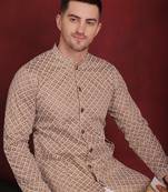 Men beige embroidered silk blend kurta pajama