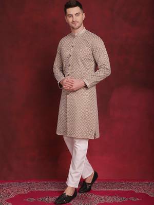 Men beige embroidered silk blend kurta pajama 2