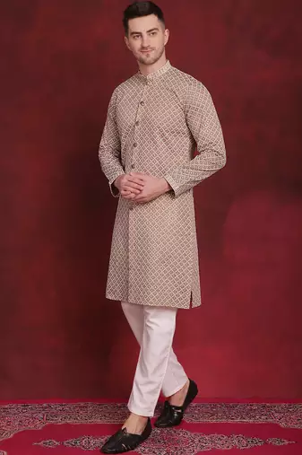 Men beige embroidered silk blend kurta pajama