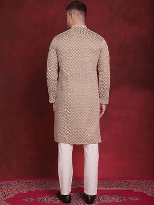 Men beige embroidered silk blend kurta pajama 4