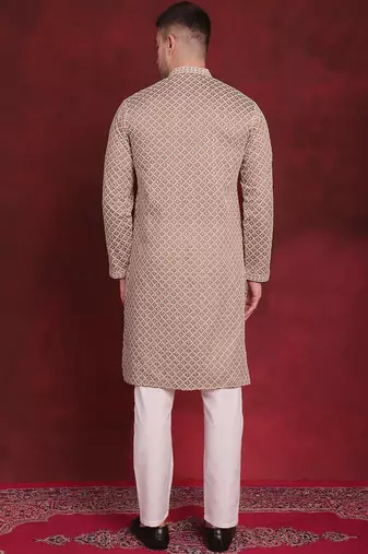 Men beige embroidered silk blend kurta pajama