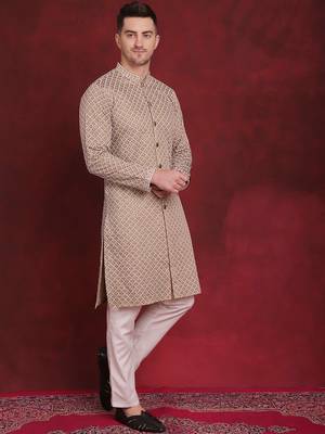 Men beige embroidered silk blend kurta pajama 5