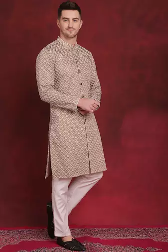 Men beige embroidered silk blend kurta pajama
