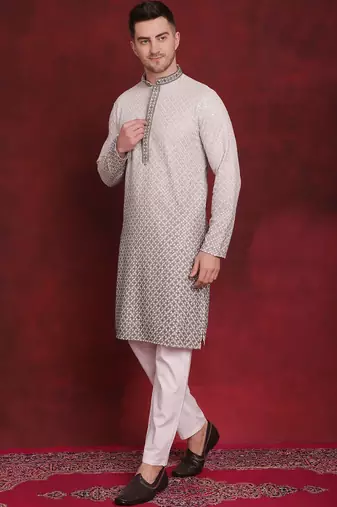 Men green embroidered viscose rayon kurta pajama