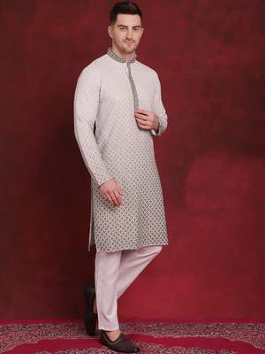Men green embroidered viscose rayon kurta pajama 5