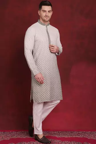 Men green embroidered viscose rayon kurta pajama
