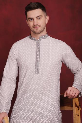 Men grey embroidered viscose rayon kurta pajama