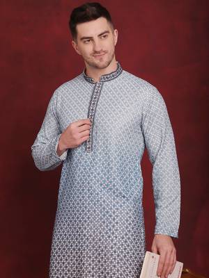 Men blue embroidered viscose rayon kurta pajama 1