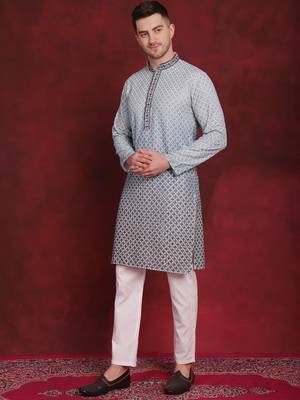 Men blue embroidered viscose rayon kurta pajama 2