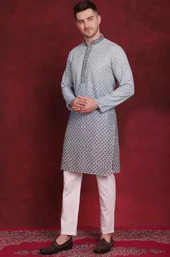 Men blue embroidered viscose rayon kurta pajama