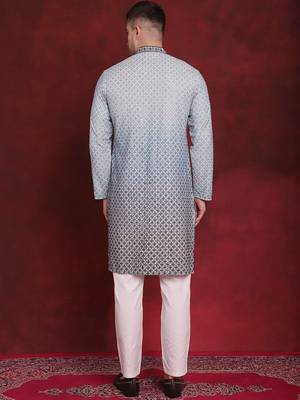 Men blue embroidered viscose rayon kurta pajama 4