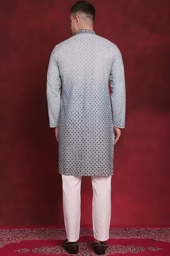 Men blue embroidered viscose rayon kurta pajama