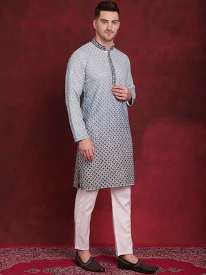 Men blue embroidered viscose rayon kurta pajama 5