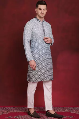 Men blue embroidered viscose rayon kurta pajama