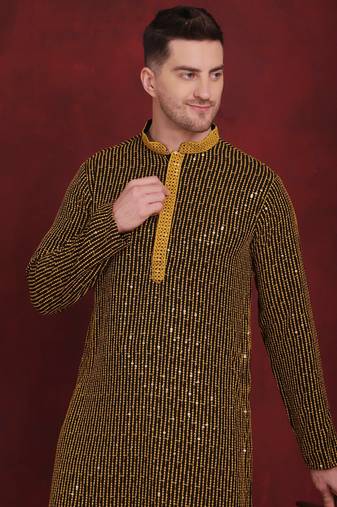 Men yellow embroidered viscose rayon kurta pajama