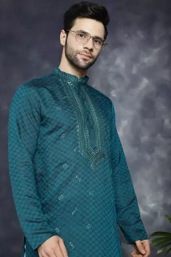 Men green embroidered cotton silk kurta pajama