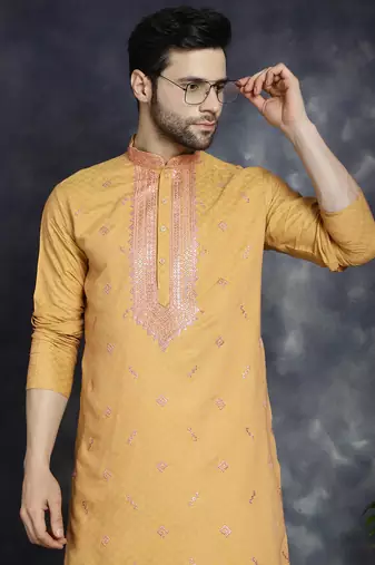 Men orange embroidered cotton silk kurta pajama