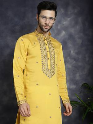 Men yellow embroidered cotton silk kurta pajama 1