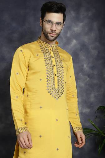 Men yellow embroidered cotton silk kurta pajama