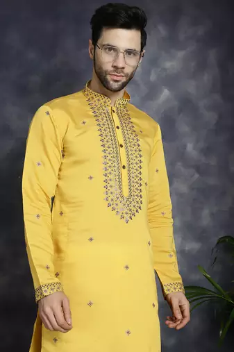 Men yellow embroidered cotton silk kurta pajama