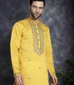 Men yellow embroidered cotton silk kurta pajama