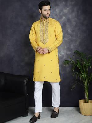 Men yellow embroidered cotton silk kurta pajama 2