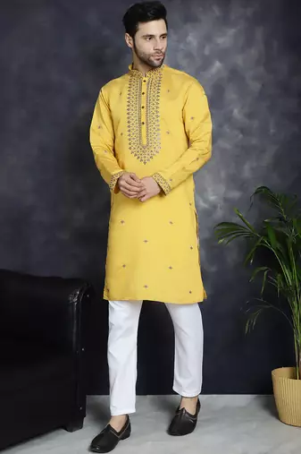 Men yellow embroidered cotton silk kurta pajama