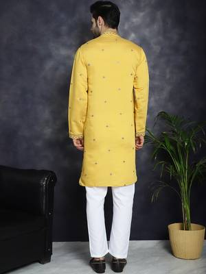 Men yellow embroidered cotton silk kurta pajama 4