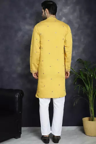 Men yellow embroidered cotton silk kurta pajama