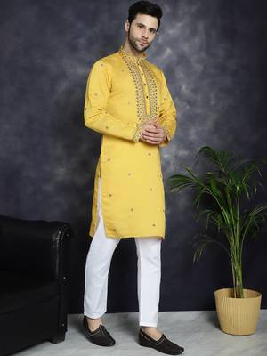 Men yellow embroidered cotton silk kurta pajama 5