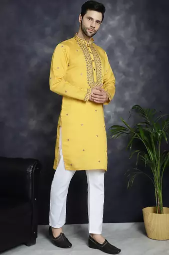 Men yellow embroidered cotton silk kurta pajama