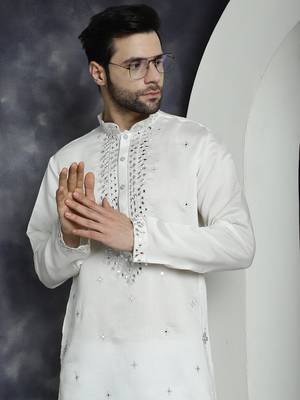 Men white embroidered cotton silk kurta pajama 1