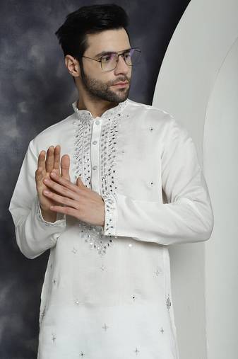 Men white embroidered cotton silk kurta pajama