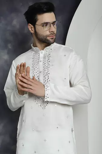 Men white embroidered cotton silk kurta pajama