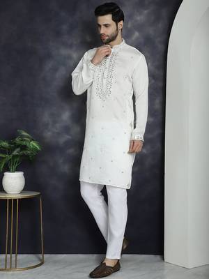 Men white embroidered cotton silk kurta pajama 2