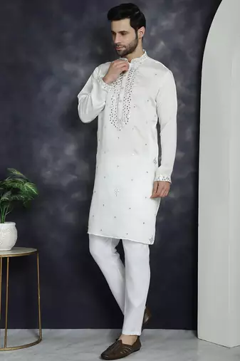 Men white embroidered cotton silk kurta pajama
