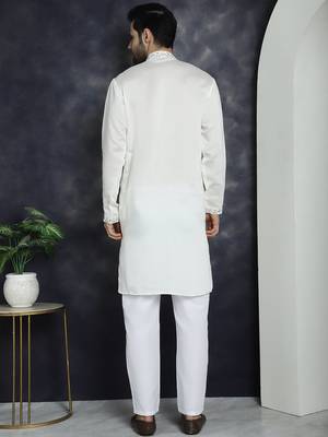 Men white embroidered cotton silk kurta pajama 4