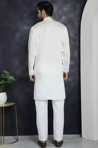 Men white embroidered cotton silk kurta pajama