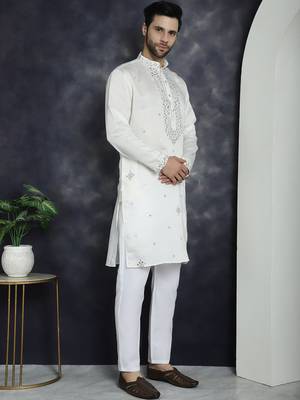 Men white embroidered cotton silk kurta pajama 5