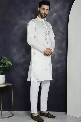 Men white embroidered cotton silk kurta pajama