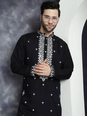 Men black embroidered cotton silk kurta pajama 1