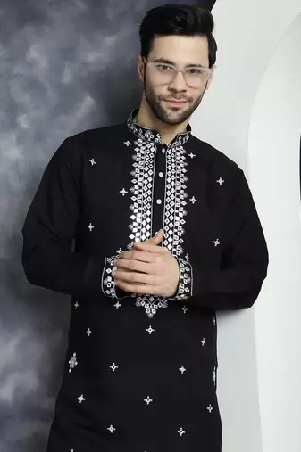 Men black embroidered cotton silk kurta pajama