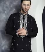 Men black embroidered cotton silk kurta pajama