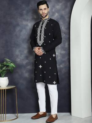 Men black embroidered cotton silk kurta pajama 2