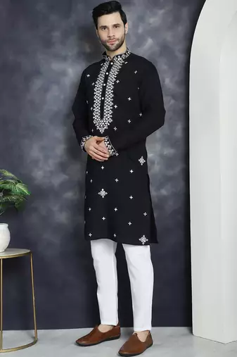 Men black embroidered cotton silk kurta pajama